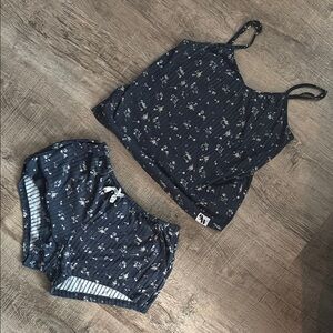 Blue and White Floral Pajama Set with Spaghetti Straps